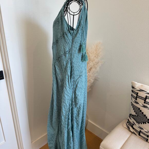 Free People Bella Boho Tie One Shoulder Cotton Maxi Dress Lace Mint Green Small - Picture 7 of 11